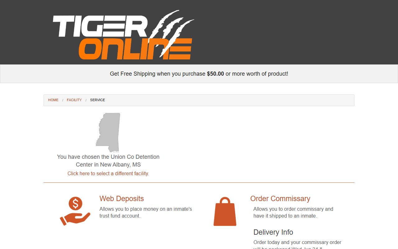 Union County Detention Center commissary and inmate deposit page